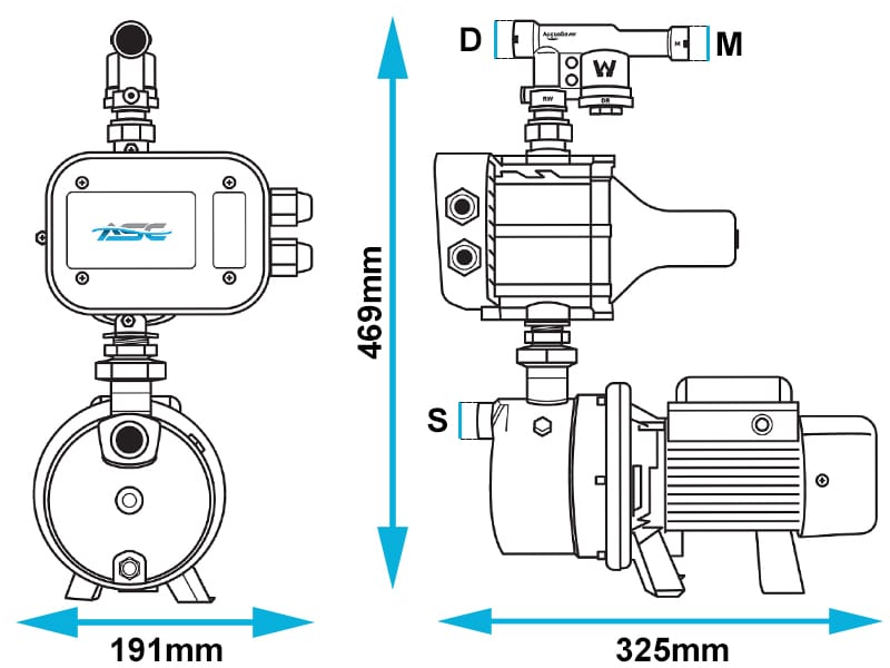 ASC AJ50 Acquasaver Water Switch Pump Dimensions