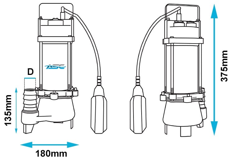 ASC D18VA Vortex Drainage Sump Pump Dimensions