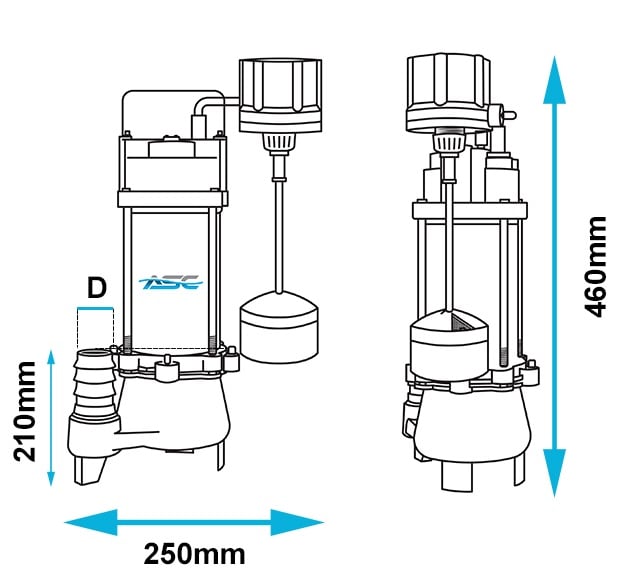 ASC D25VAMAG Vertical Float Sump Drainage Pump Dimensions