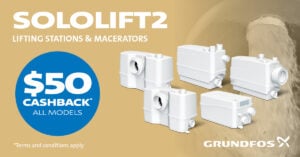 Sololift2 lifting stations advertisement by Grundfos offering $50 cashback on all models, with five white units pictured.