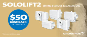 Advertisement banner for SOLOLIFT2 lifting stations and macerators with a $50 cashback offer; white units on a tan background, Grundfos logo in corner.