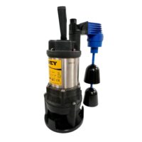Submersible pump with black housing and yellow label, connected to a blue float-switch assembly