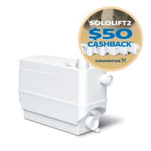 White SOLOLift2 wastewater pump with a large gold cashback badge reading $50 cashback and the Grundfos logo nearby