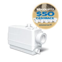 White plastic toilet tank component with a large circular gold badge that reads 'SOLOLIFT2 $50 CASHBACK' and 'GRUNDFOS' nearby.