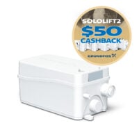 SOLOLIFT2 white pump with a gold round banner offering $50 cashback by Grundfos