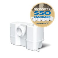 White Sololift2 wastewater pump unit with a beige promo badge reading '$50 CASHBACK' overlaying the top-right corner.