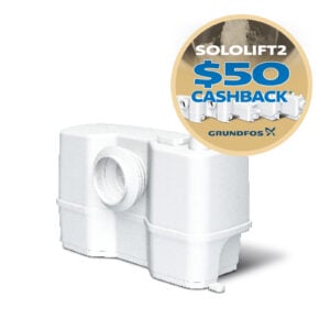 White Sololift2 wastewater pump unit with a beige promo badge reading '$50 CASHBACK' overlaying the top-right corner.