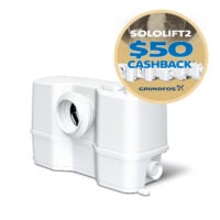 White Grundfos SoloLift2 wastewater pump with a large gold $50 cashback badge overlay in the top-right corner.