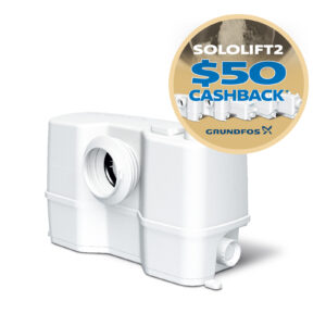 White Grundfos SoloLift2 wastewater pump with a large gold $50 cashback badge overlay in the top-right corner.