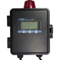 Black wall-mounted alarm controller with LCD screen, three metal buttons labeled MODE, MUTE, PULSE, and a red beacon on top.